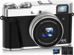 NEZINI 4K Digital Camera,Auto Focus 48MP Vlogging Camera for YouTube and Anti-Shake Video Camera with Viewfinder Flash & Dial,16X Zoom Travel Portable Digital Camera with 32GB Card,2 Batteries (Black)